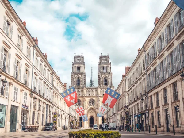 Photographe de face de la Cathédrale Sainte-Croix d'Orléans. La météo est ensoleillée.